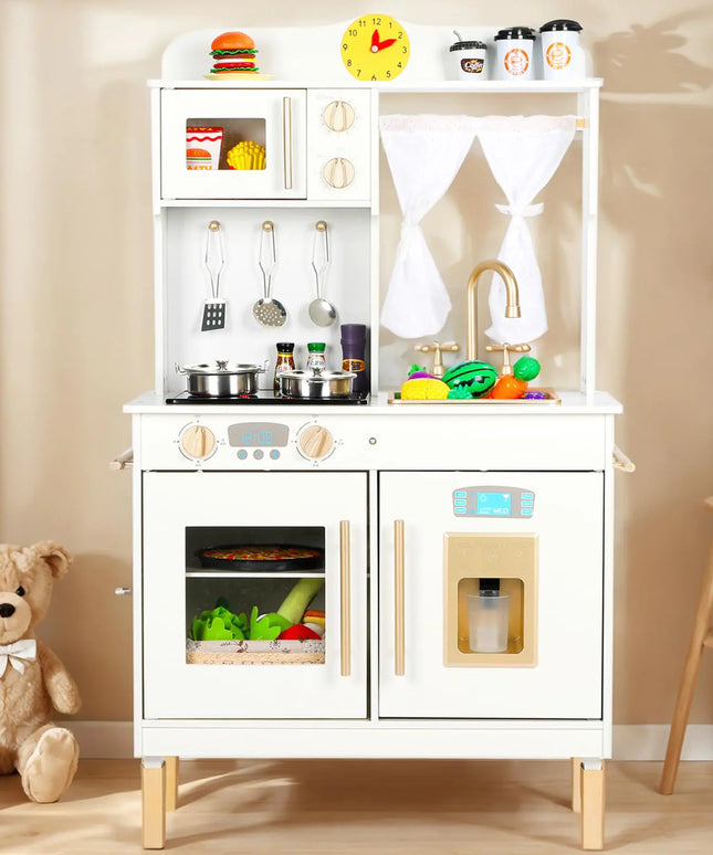 Kinder King Wooden Kids Play Kitchen Toy Kitchen Playset for Toddler Realistic Kitchen Sets w/Lights & Sounds Pretend Ice Maker Microwave Oven Gift for Boys Girls Age 3+