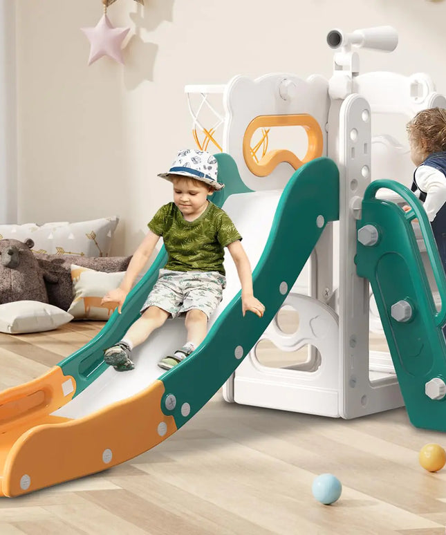 Toddler Slide 6 in 1 Kids Indoor Slide for Toddlers 1-3 Baby Slide for Indoor Outdoor with Basketball Hoop and Telescope L Shaped Slide for Kids Toddler Slide Playset (Green&Yellow)
