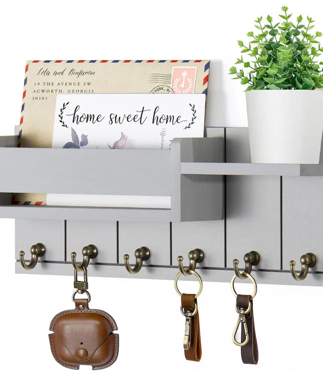 RelaxScene Key Holder Wall Mount - Decorative Key Rack and Mail Organizer with 6 Key Hooks - Wooden Key Hanger with Shelf for Living Room Decor - Rustic Farmhouse Home Entryway Aesthetic Essentials