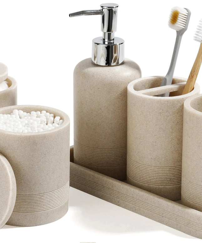 Bathroom Accessories Set 6-Piece Bathroom Accessory Set Toothbrush Holders Set Soap Dispenser Vanity Tray Tumbler Cotton Swab Jars Bathroom Organizer for Modern Bathrooms(Beige)
